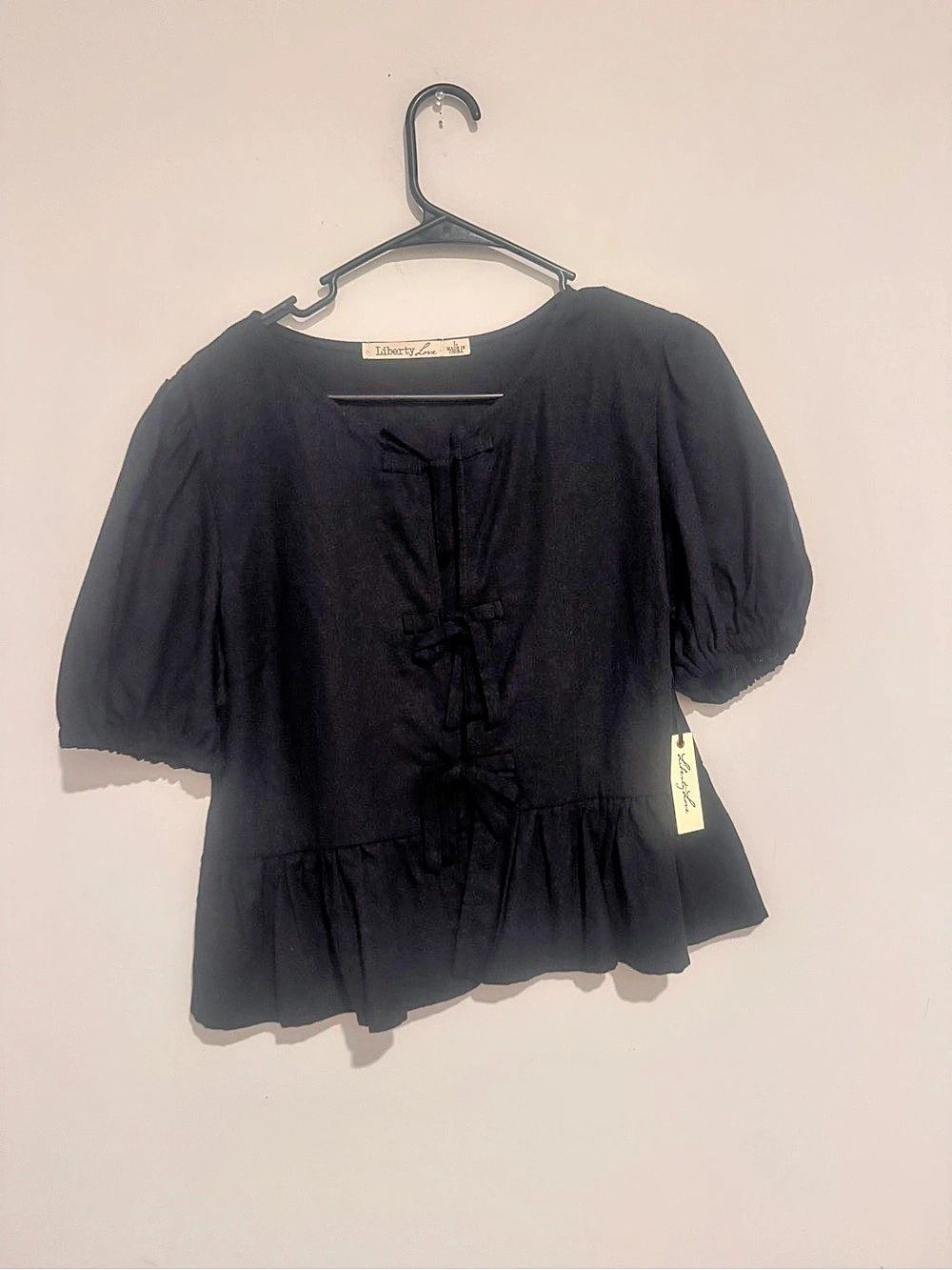Liberty Love Juniors Puffy Sleeve Tie Front Peplum Top Black